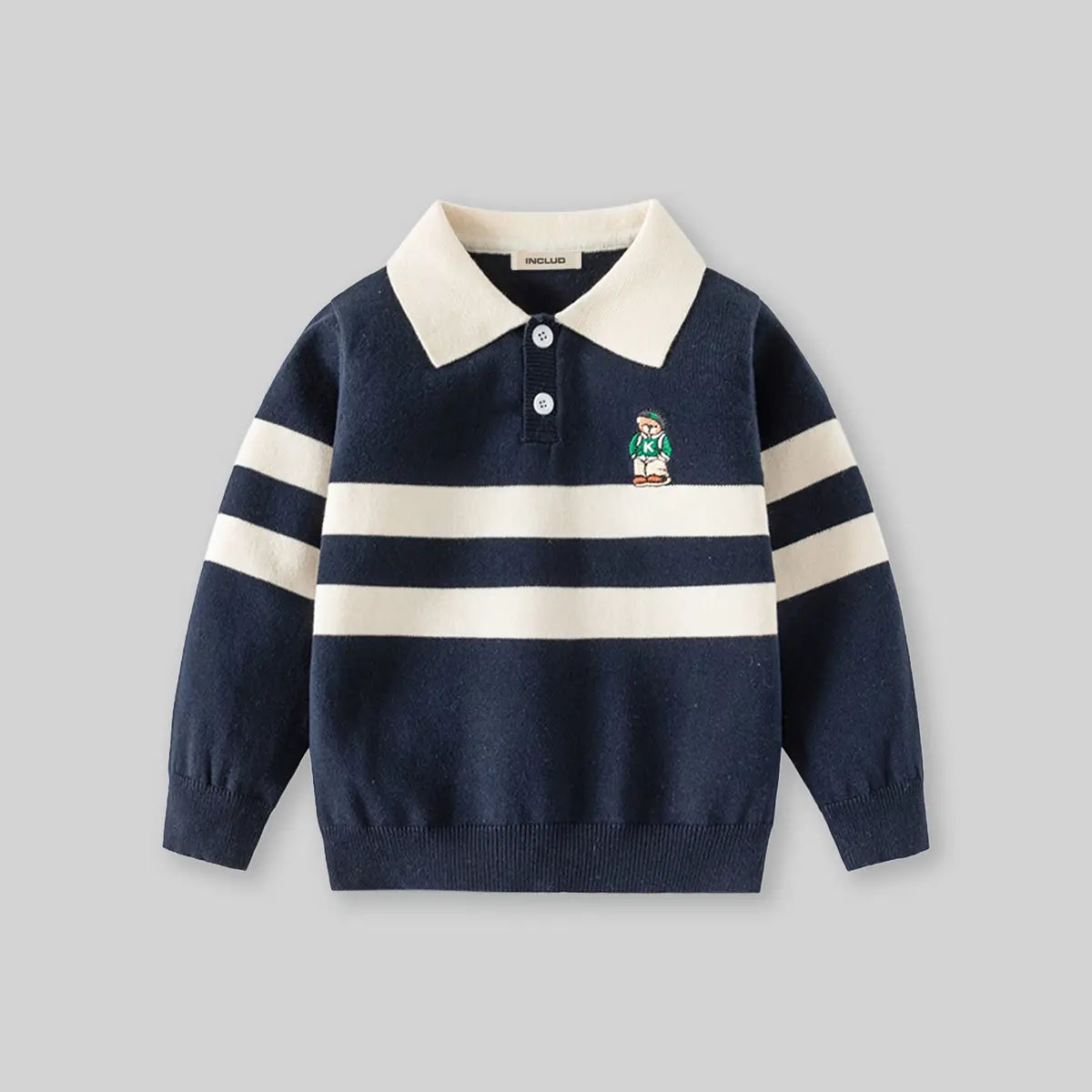 Boys Dark Blue Self-Design Stripe Patterns Polo Sweater Sweaters & Cardigans