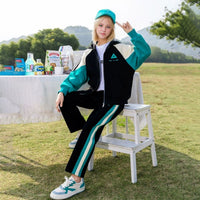 Girls Black Colorblocked Front Zipper Hooded Jacket With Pants Winter Set 2 pc. Sets