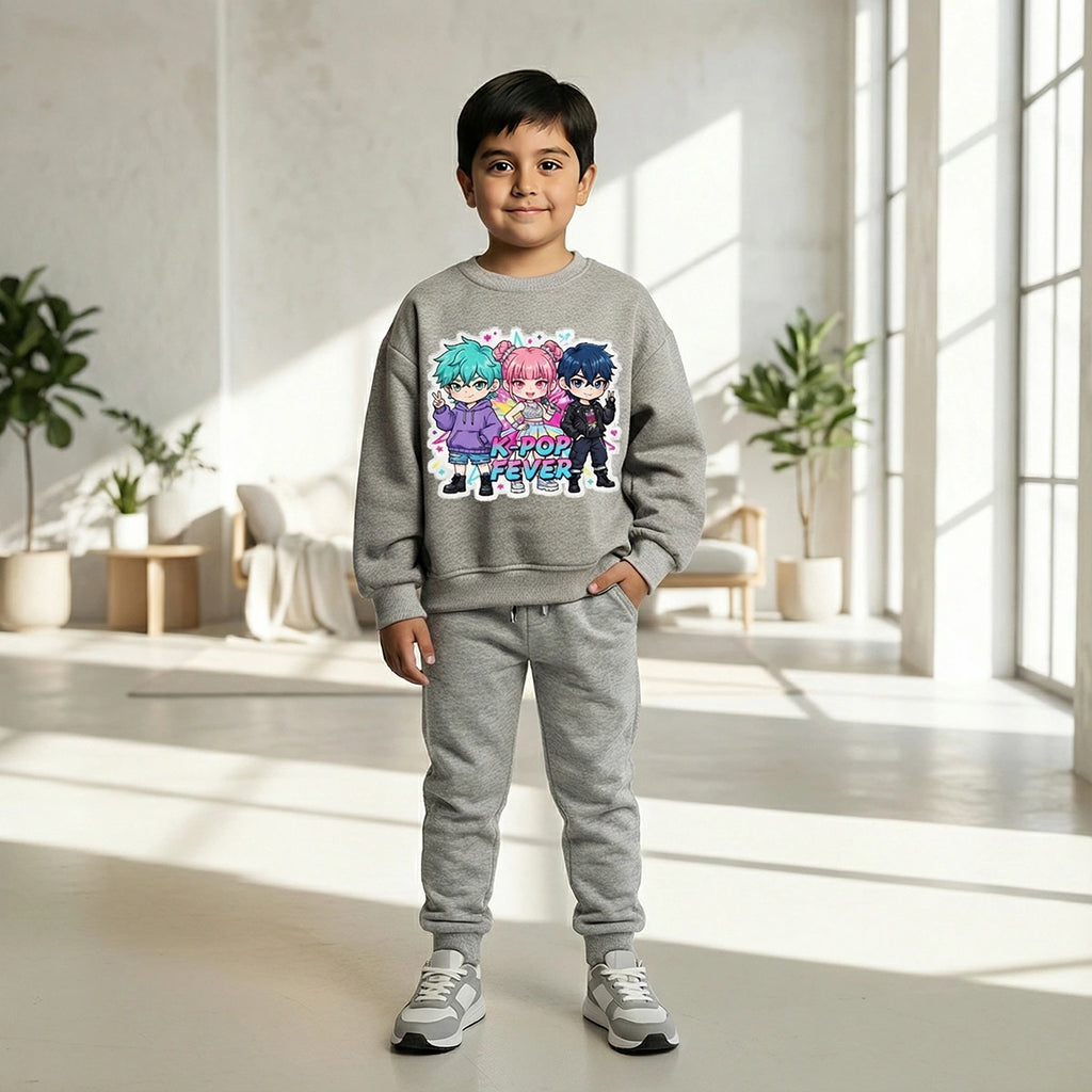 Boys Grey K-Pop Fever Graphics Sweatshirt With Jogger Co-ord Sets Sets Grey 1-2 Y