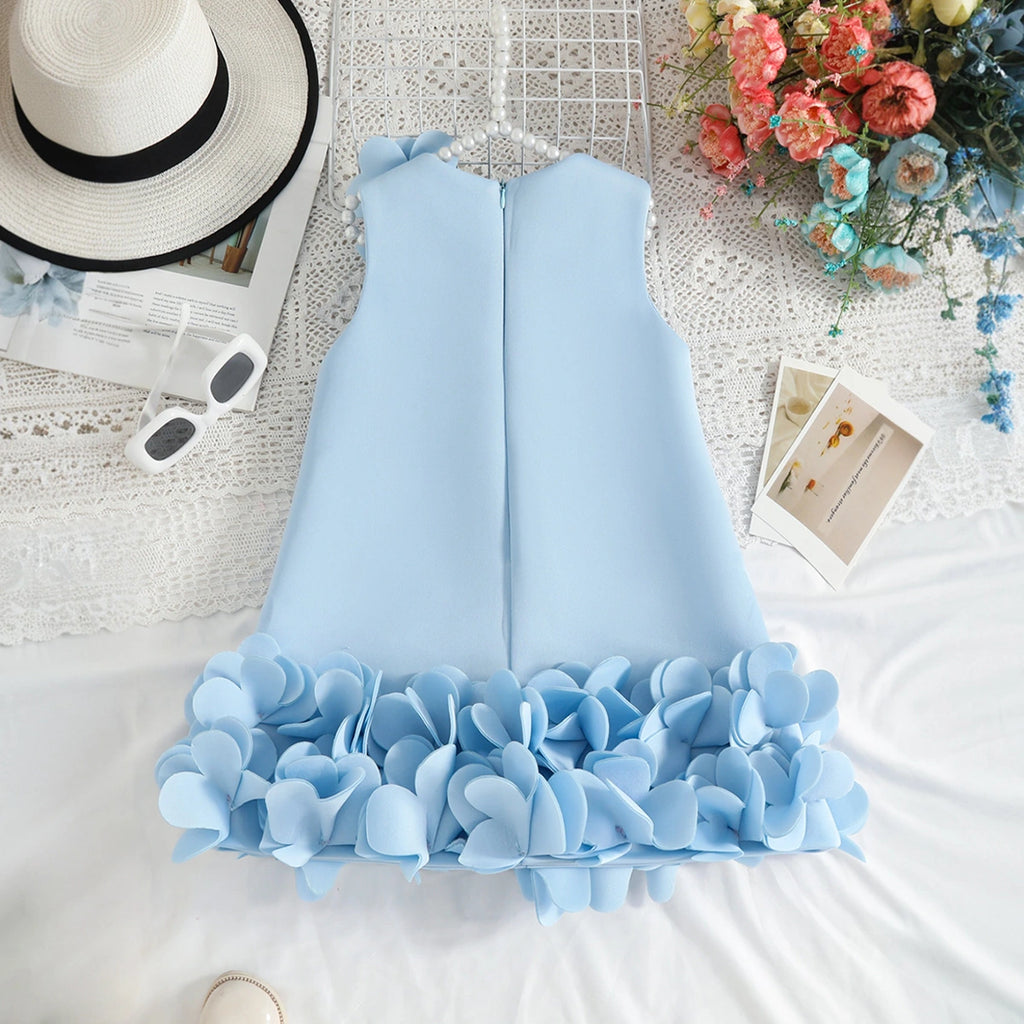 Girls Sky Blue Solid A-line Party Dress With Flower Appliques Party Dresses