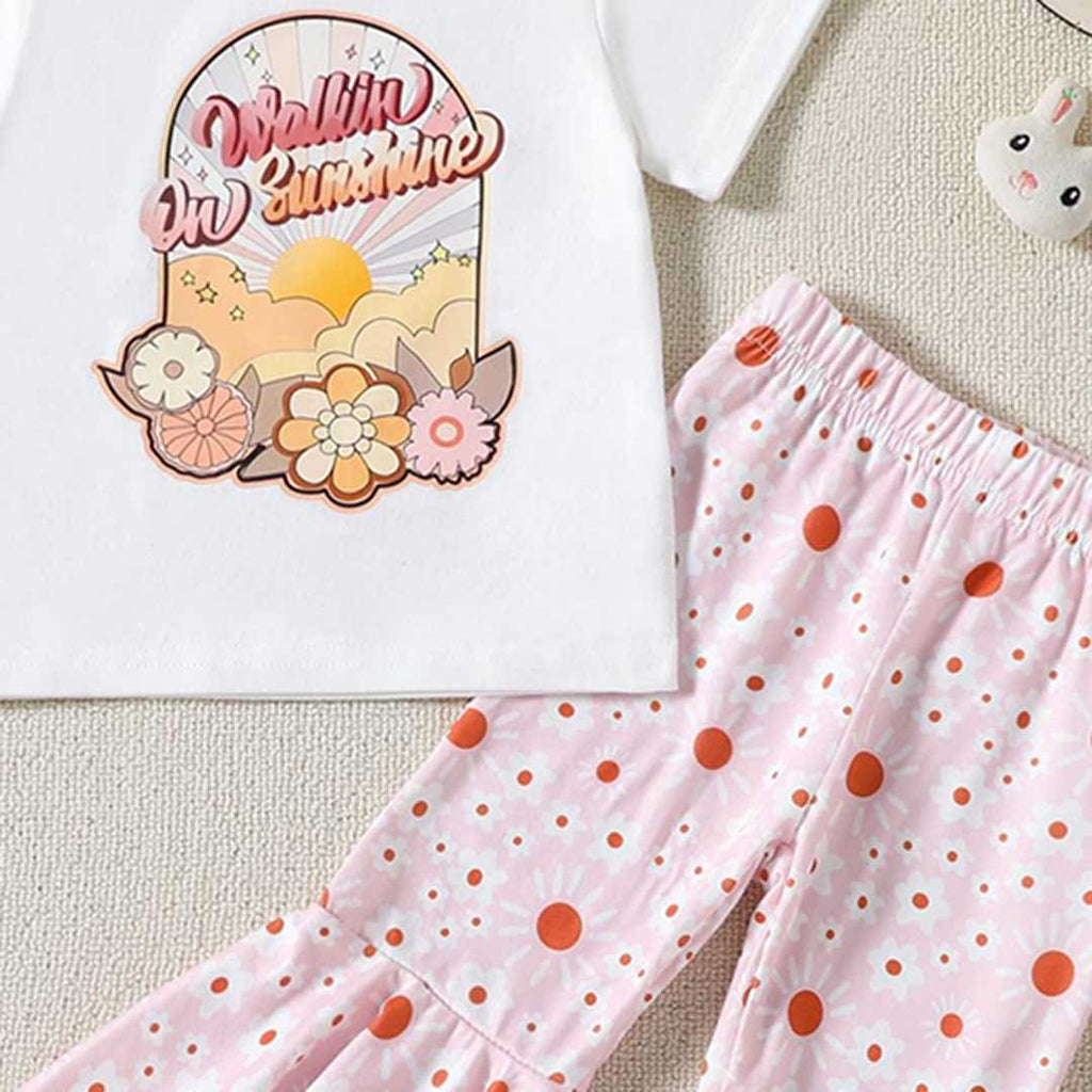 Girls Short Sleeve Floral Print T-Shirt With Printed Pants Set Sets   