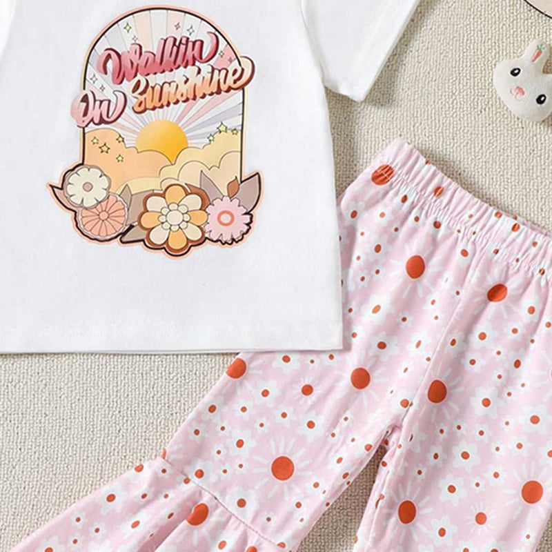 Girls Short Sleeve Floral Print T-Shirt With Printed Pants Set Sets   
