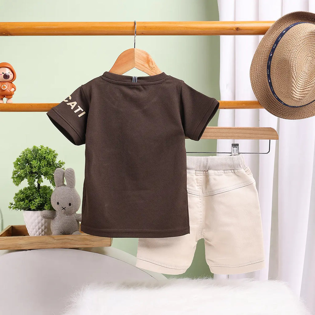 Boys Dark Brown Graphics Short Sleeves T-Shirt With Shorts Set Sets