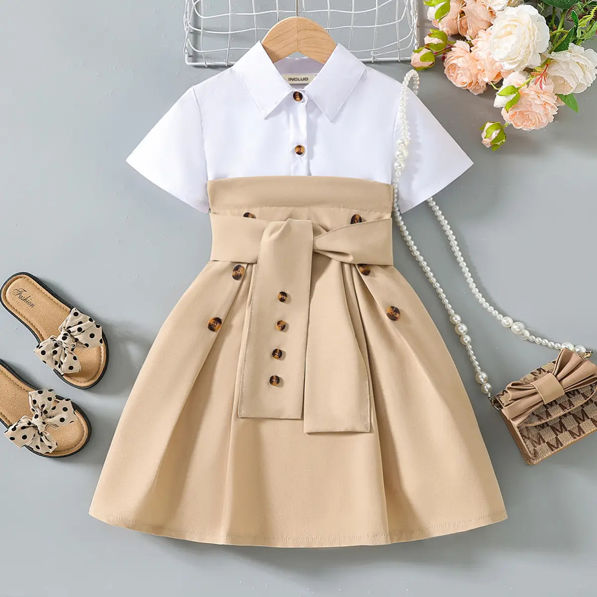 Girls Khaki Short Sleeves Pleated Shirt Dress Casual Dresses Khaki 3-4 Y