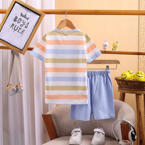 Boys Blue Stripes and Smiley Printed T-Shirt With Shorts Sets 2 pc. Sets