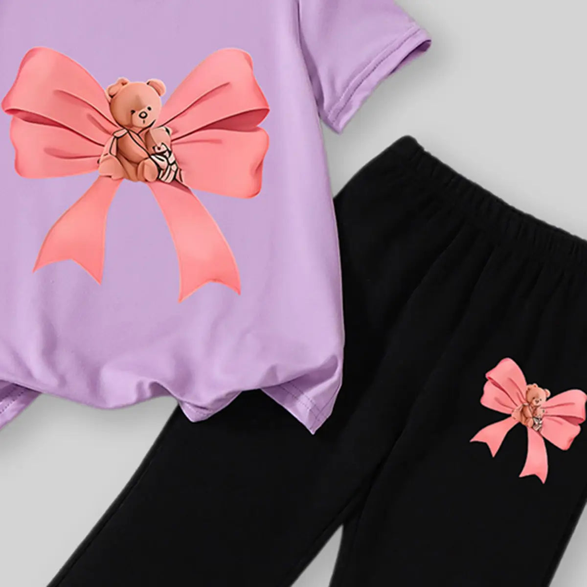 Girls Purple Bow Printed Short Sleeves T-Shirt With Wide-leg Pants Sets Sets