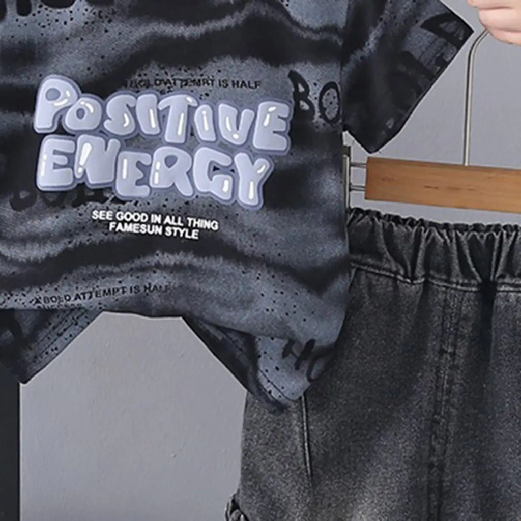 Boys Black Typographic Print T-Shirt With Denim Shorts Sets Sets