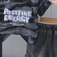 Boys Black Typographic Print T-Shirt With Denim Shorts Sets Sets
