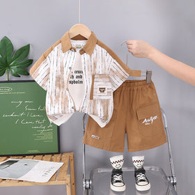 Boys Color-Blocked Striped Shirt With Light Brown Shorts Set 2 pc. Sets Light Brown 1-2 Y