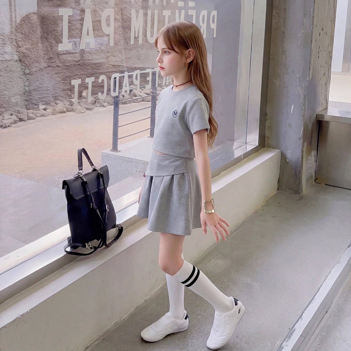 Girls Grey Knitted Top With Flared Skirt Sets Sets