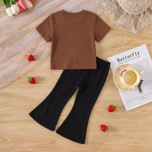 Girls Brown Bow Detail Short Sleeve T-Shirt With Flared Pants Sets Sets