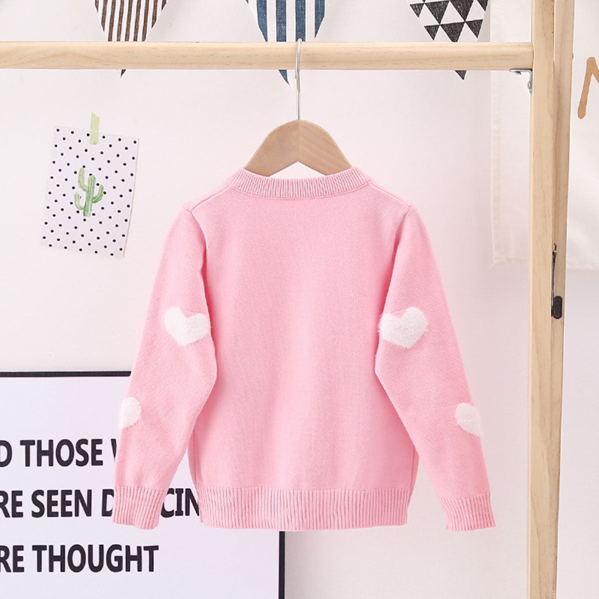 Girls Pink Self Heart Design Winter Cardigan Sweaters & Cardigans