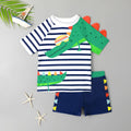 Boys White Stripes Dinosaur Themed T-Shirt With Shorts Swimwear Sets Beachwear White 3-4 Y