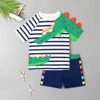 Boys White Stripes Dinosaur Themed T-Shirt With Shorts Swimwear Sets Beachwear White 3-4 Y