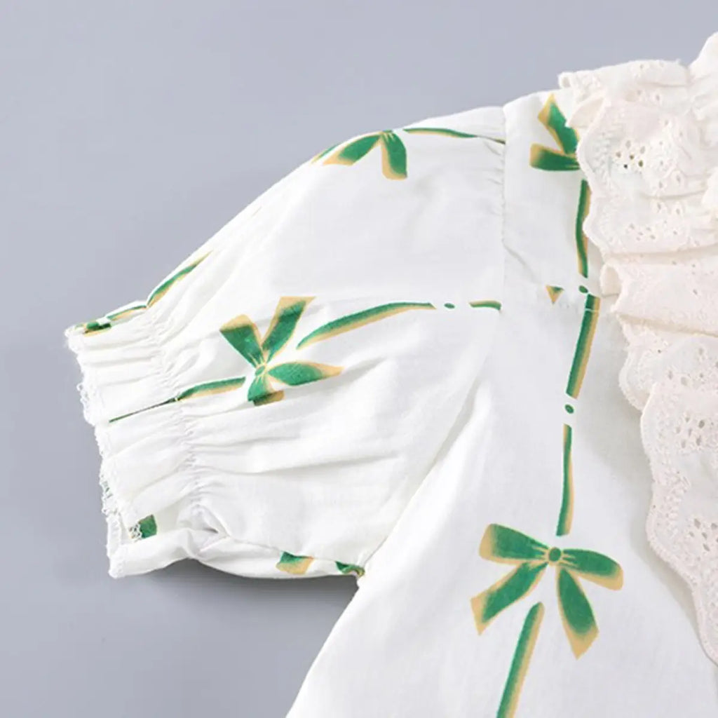 Girls Green Bow Print Puff Sleeve Top With Shorts Sets Sets