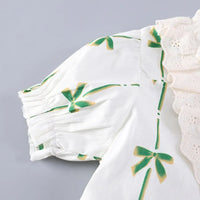 Girls Green Bow Print Puff Sleeve Top With Shorts Sets Sets