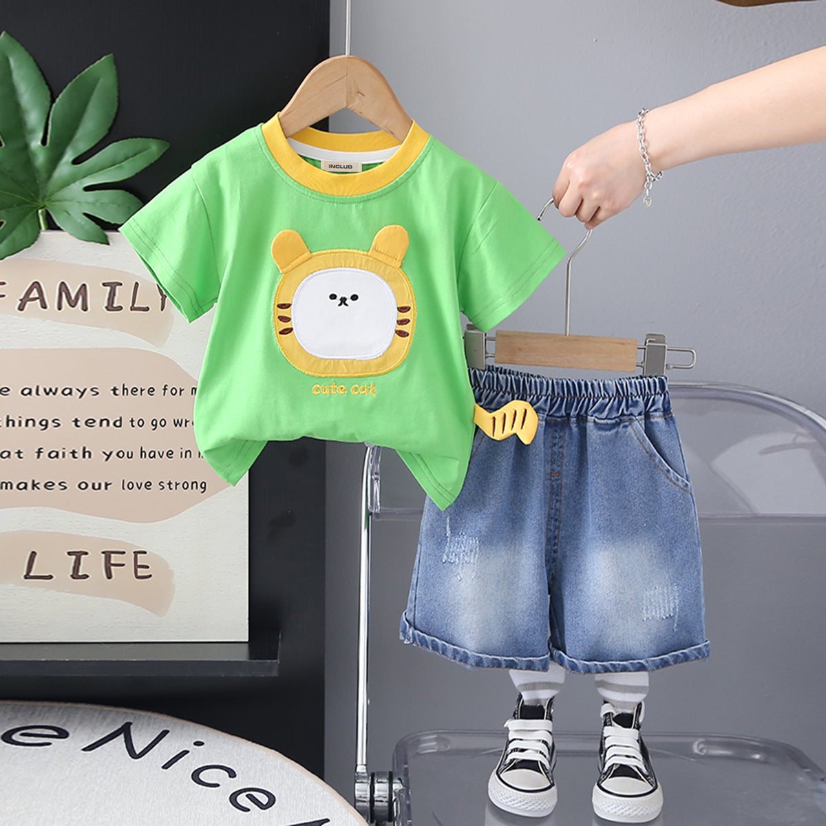 Boys Green Cat Appliqued Short Sleeves T-Shirt With Denim Shorts Set 2 pc. Sets Green 1-2 Y