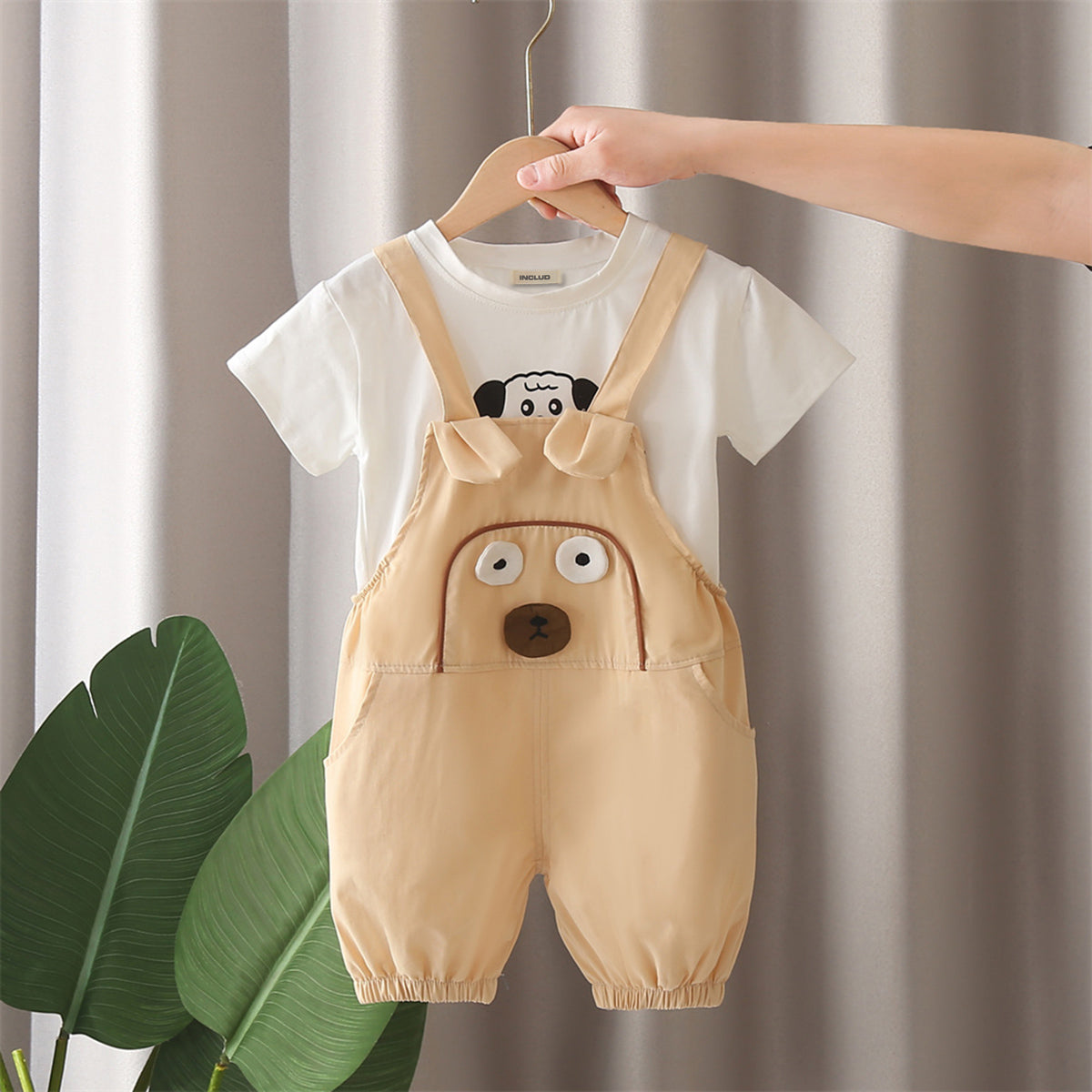 Boys Beige Dog Patched Dungaree With T-Shirts Set 2 pc. Sets Beige 1-2 Y