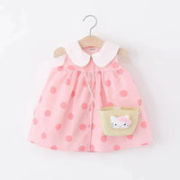 Girls Pink Polka Dot Print A-line Dress With Straw Sling Bag Casual Dresses