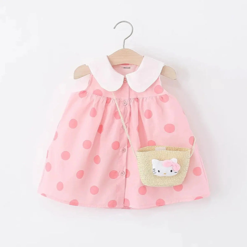 Girls Pink Polka Dot Print A-line Dress With Straw Sling Bag Casual Dresses