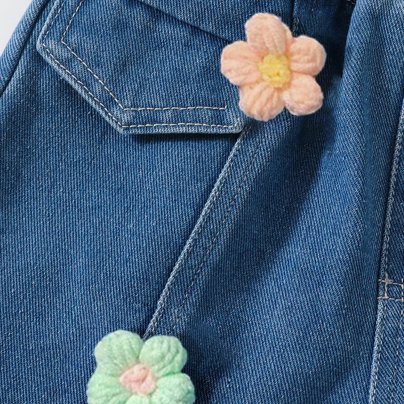 Girls Light Blue Cami Crop Top With Floral Applique Denim Shorts Sets Sets