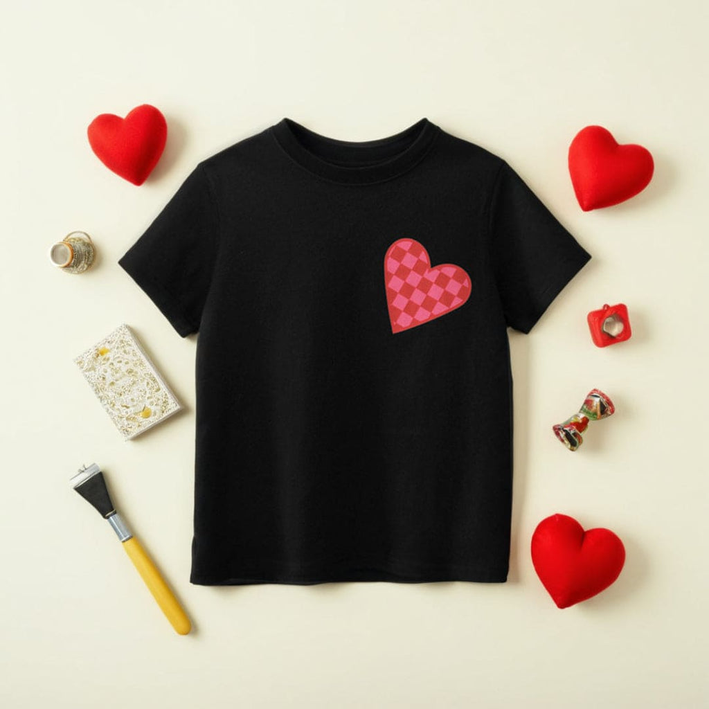 Girls Heart Print Short Sleeves T-shirt Tshirts Black 7-8 Y 