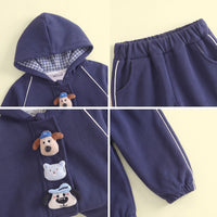 Boys Navy Blue Applique Hooded Zip-up Sweatshirt With Pants Sets Sets