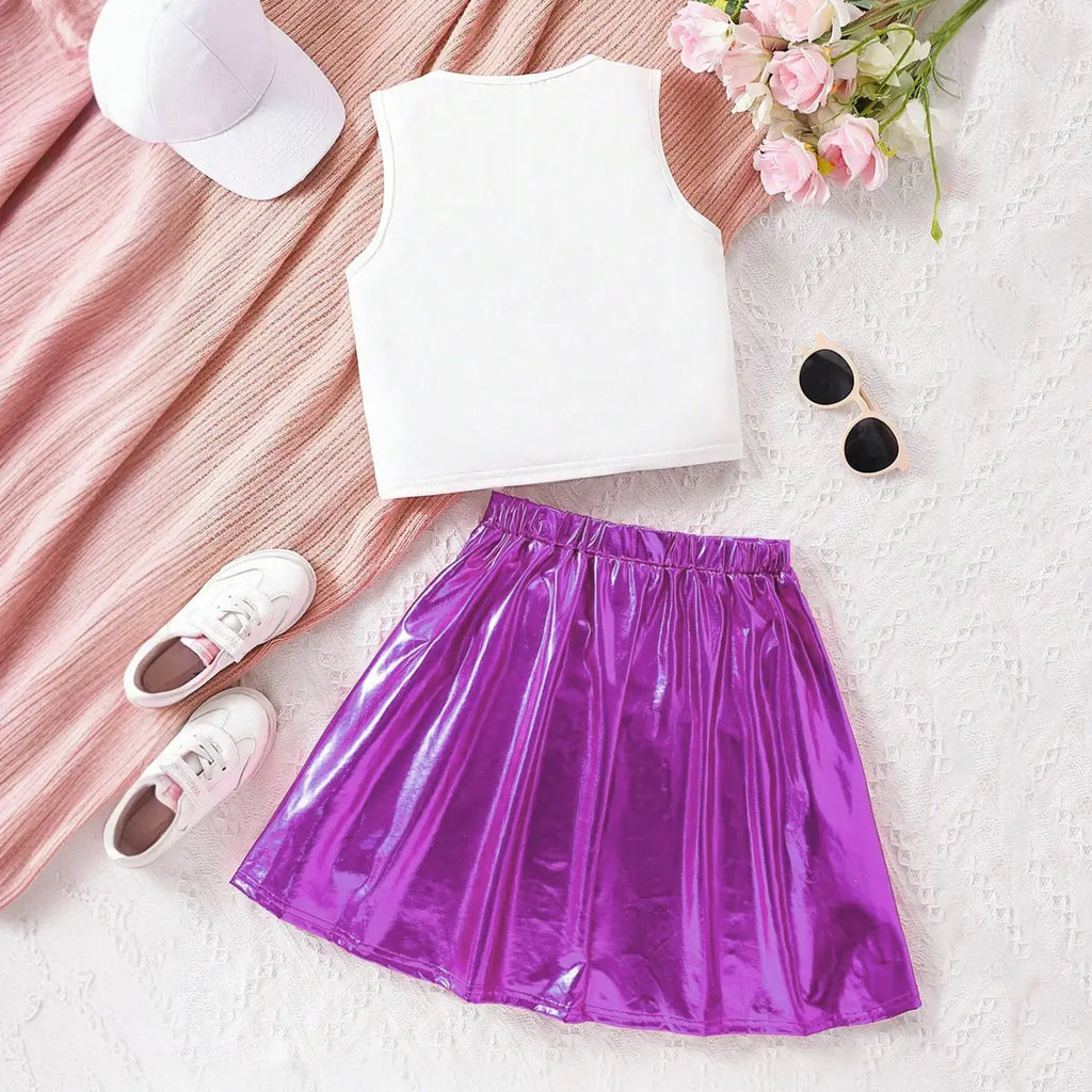 Girls Purple Graphics Sleeveless Top With Pleated Skirt Set Sets