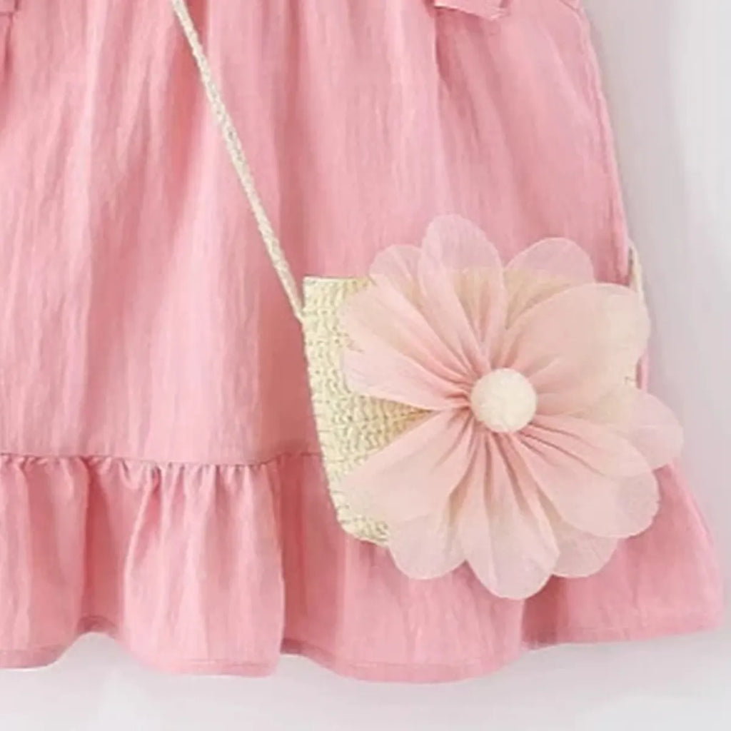 Girls Pink Sleeveless Summer A-line Dress With Sling Bag Casual Dresses