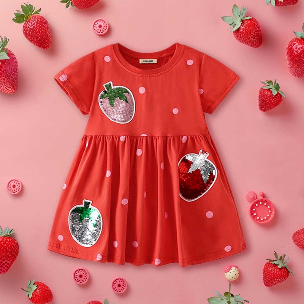 Girls Strawberry Sequins Polka Dot Fit & Flare Dress