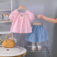Girls Pink Polka Dot Print Top With Pleated Denim Shorts Set Sets Pink 1-2 Y