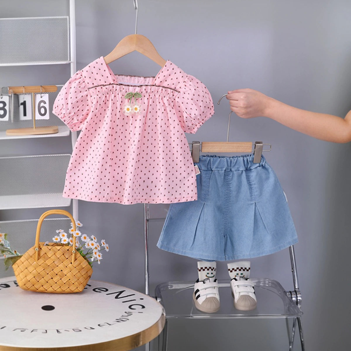 Girls Pink Polka Dot Print Top With Pleated Denim Shorts Set Sets Pink 1-2 Y