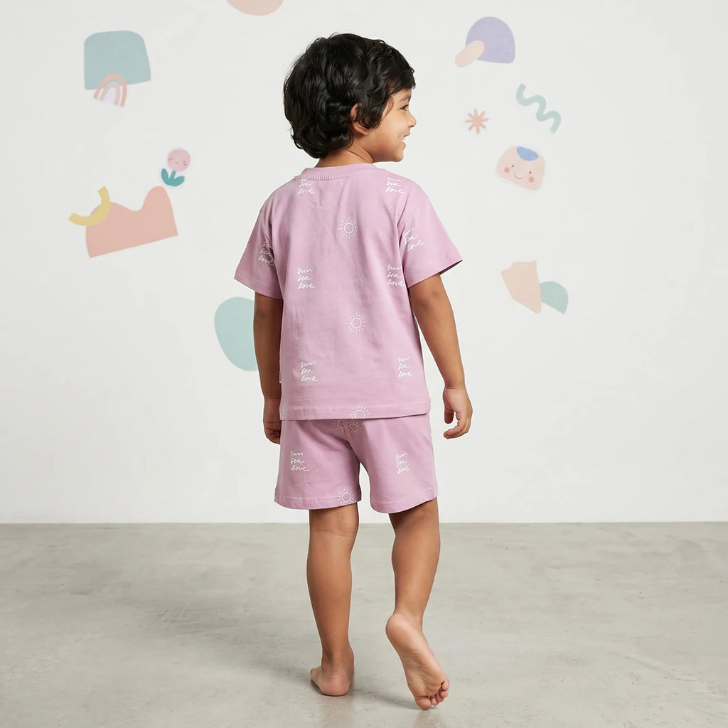 Boys Lilac Sun Printed Short Sleeve T-Shirt With Elasticated Shorts Sets Sets