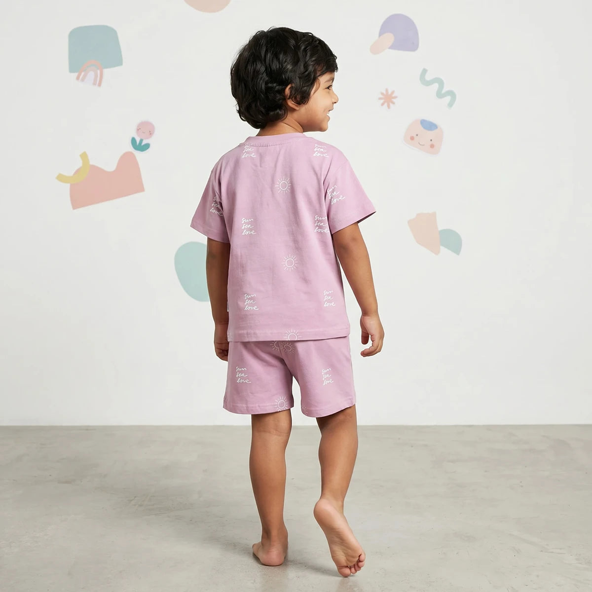 Boys Lilac Sun Printed Short Sleeve T-Shirt With Elasticated Shorts Sets Sets