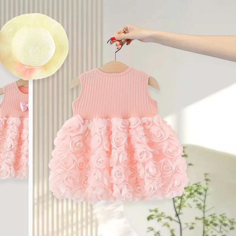 Girls Pink Sleeveless Rosette Princess Tutu Dress Casual Dresses