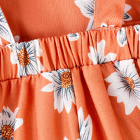 Girls Orange Floral Print Adjustable Strap Dungaree Jumpsuits