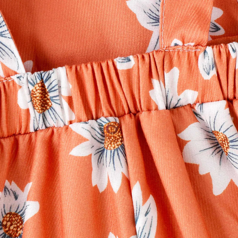 Girls Orange Floral Print Adjustable Strap Dungaree Jumpsuits