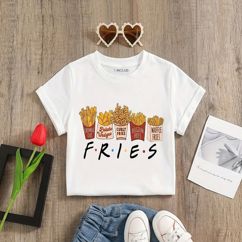 Girls White Fries Graphic Short Sleeve T-Shirt Tshirts White 1-2 Y