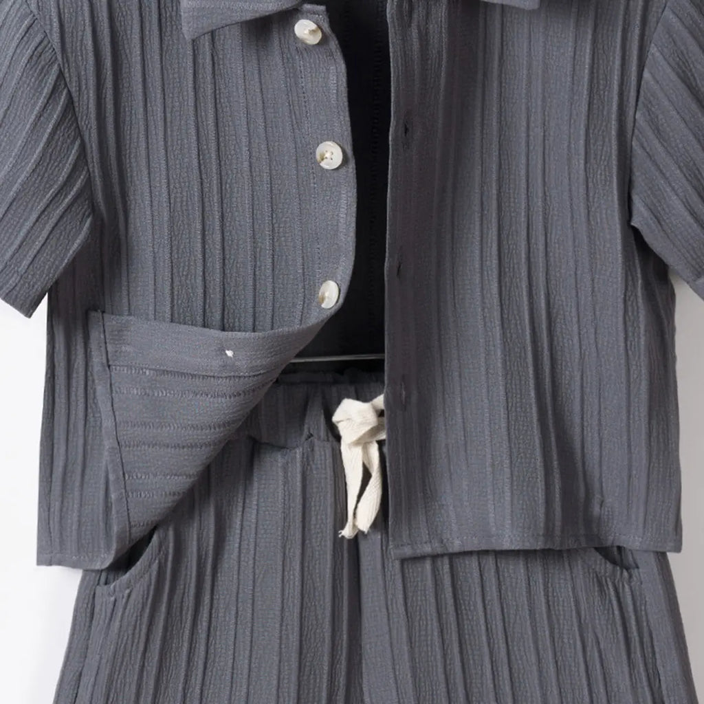 Boys Dark Grey Stripe Short Sleeves Shirt With Shorts Co-ord Sets Sets