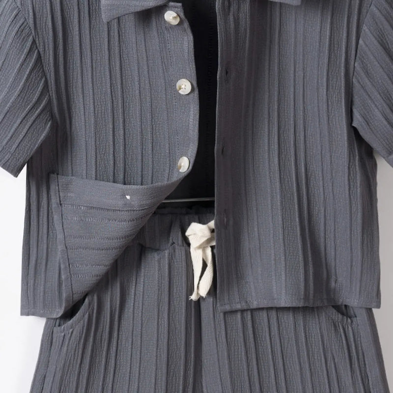 Boys Dark Grey Stripe Short Sleeves Shirt With Shorts Co-ord Sets Sets