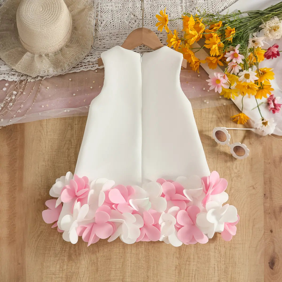 Girls White Sleeveless A-line Party Wear Dress With Floral Applique Party Dresses