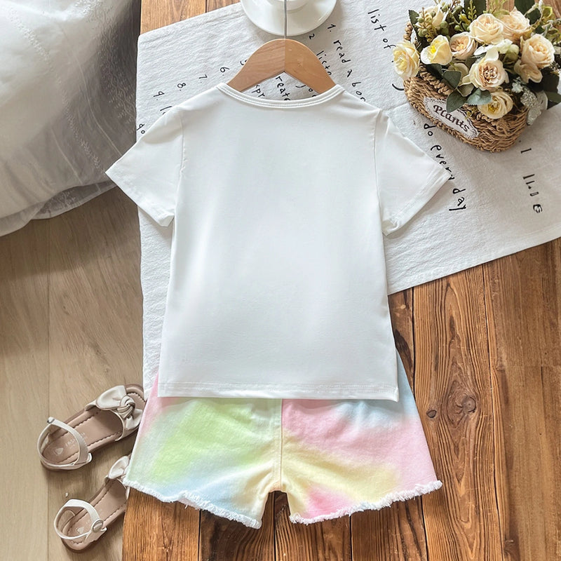 Girls White 3D Floral Applique Short Sleeve T-Shirt With Tie-Dye Shorts Sets 2 pc. Sets