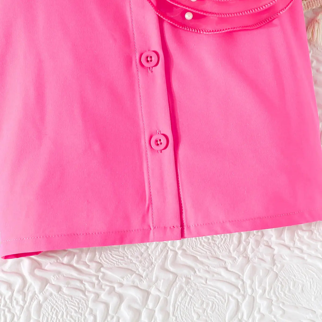 Girls Fuchsia Rose Applique Cold-Shoulder Top With Denim Shorts Sets Sets