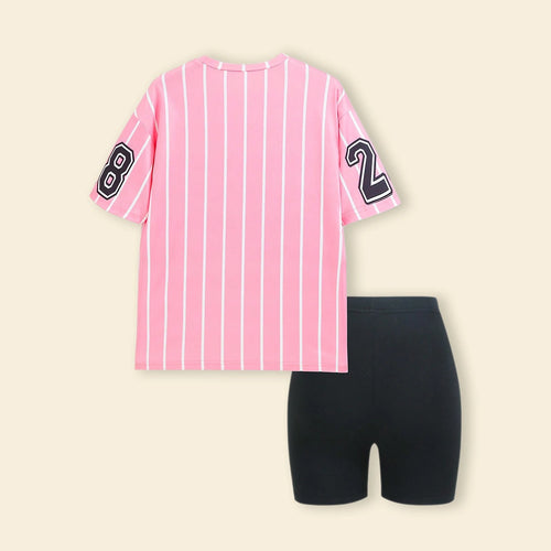Girls Pink Alphanumeric Printed T-Shirt With Shorts Sets Sets