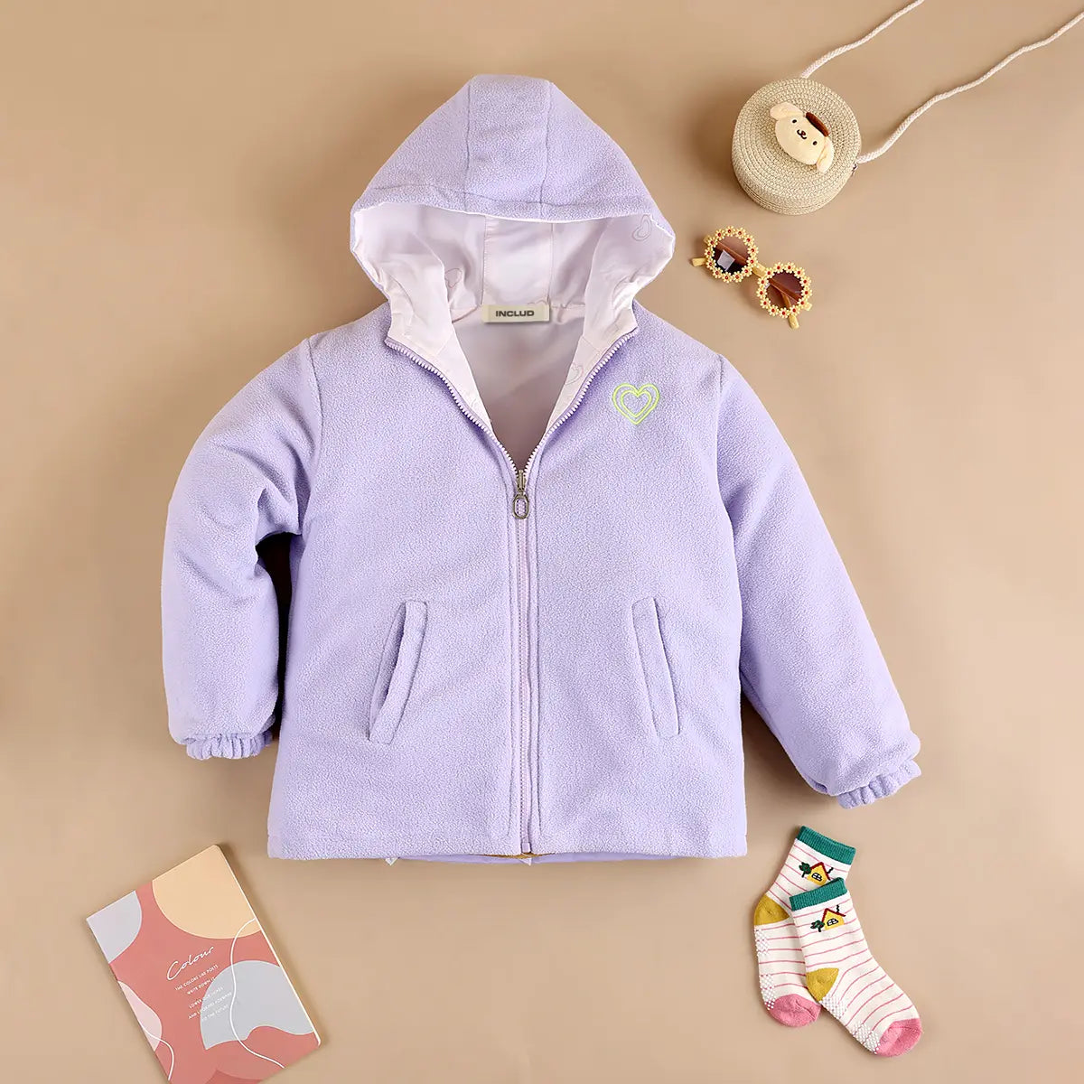 Girls Purple Heart Printed Reversible Hooded Zipper Jacket Coats & Jackets