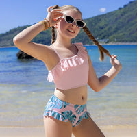Girls Pink Solid Ruffled One Shoulder Top With Tropical Printed Shorts Swimsuit Sets Sets