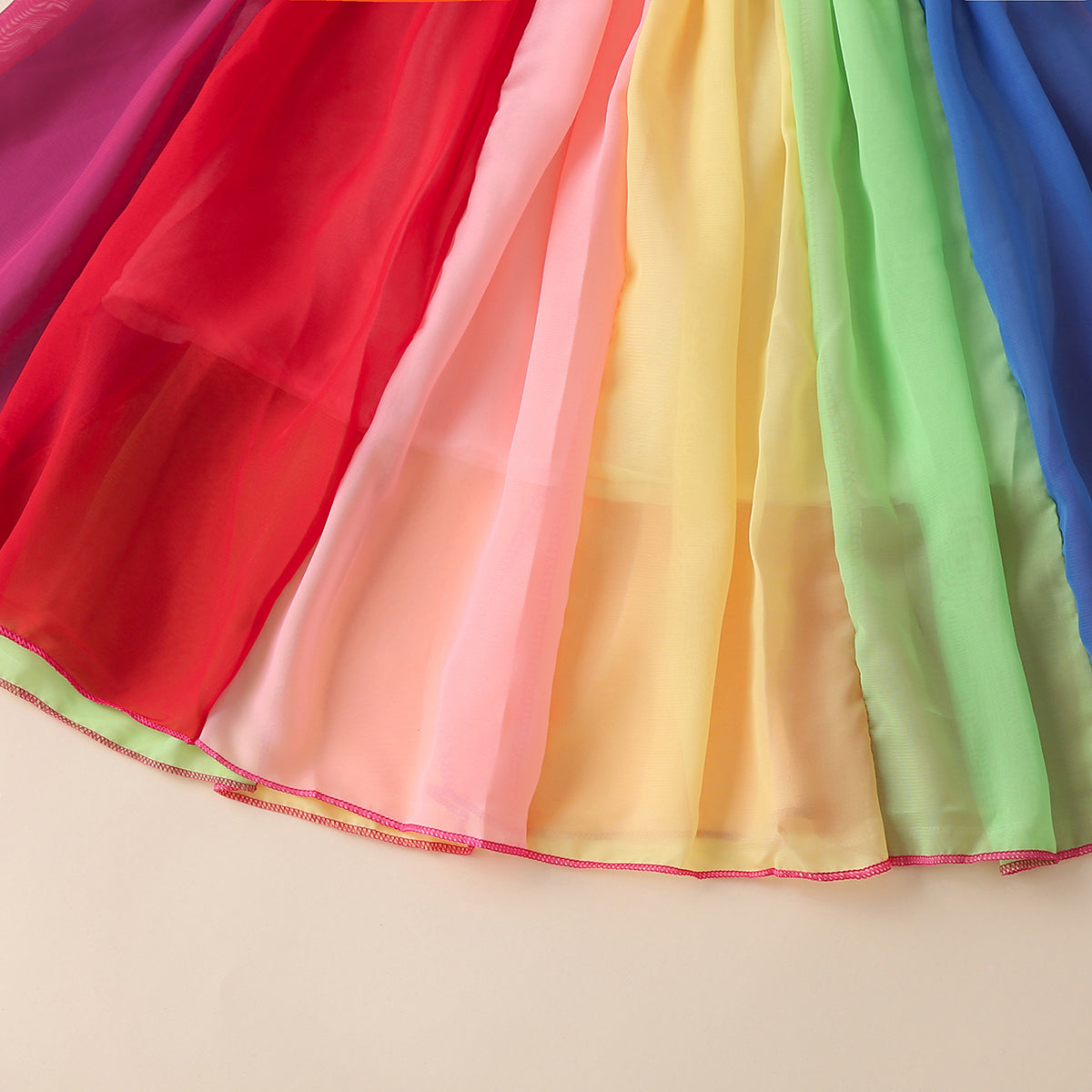 Girls Multicolor Short Sleeve Round Neck Flared Dress Casual Dresses