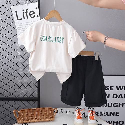 Boys Off White Graphic Printed Short Sleeves T-Shirt With Cargo Shorts Set 2 pc. Sets
