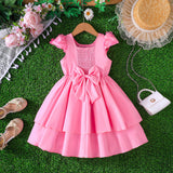 Girls Pink Flowers Applique Cap Sleeves  Round Neck Dress