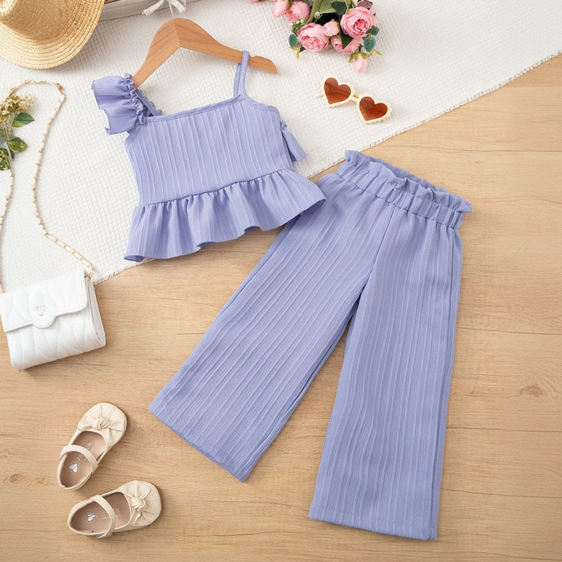 Girls Purple Self Stripes Sleeveless Peplum Top With Pants Co-ord Sets Sets